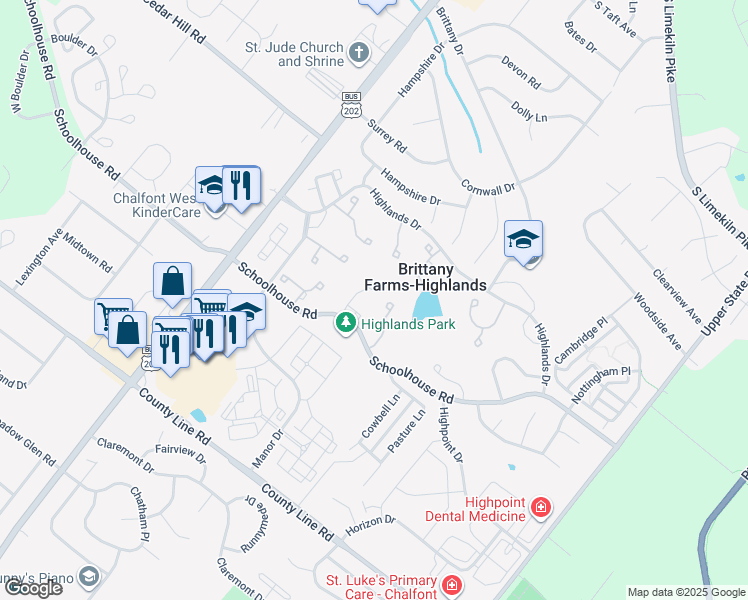 map of restaurants, bars, coffee shops, grocery stores, and more near 129 Tartan Terrace in Chalfont