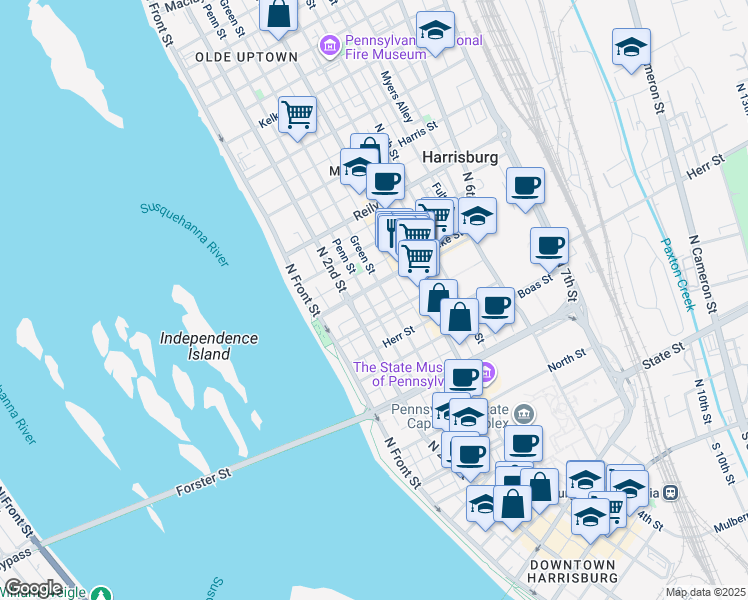 map of restaurants, bars, coffee shops, grocery stores, and more near 226 Charles Street in Harrisburg
