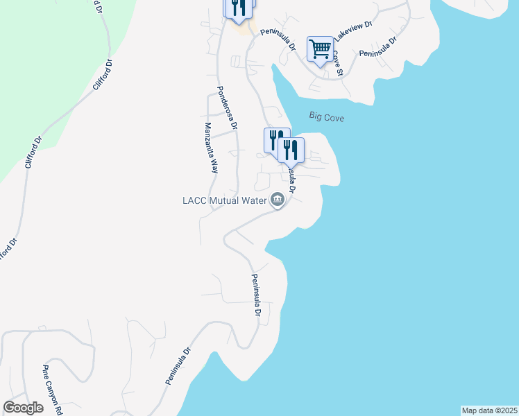 map of restaurants, bars, coffee shops, grocery stores, and more near 523 Peninsula Drive in Westwood