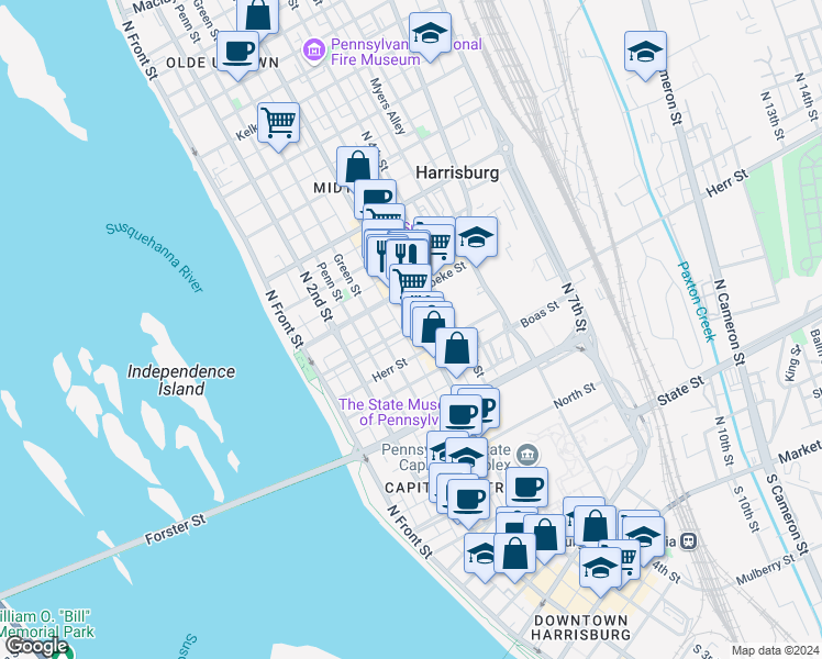 map of restaurants, bars, coffee shops, grocery stores, and more near 1126 North 3rd Street in Harrisburg