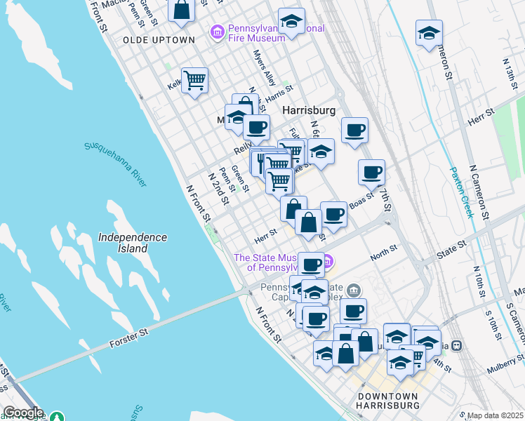 map of restaurants, bars, coffee shops, grocery stores, and more near 1209 Green Street in Harrisburg