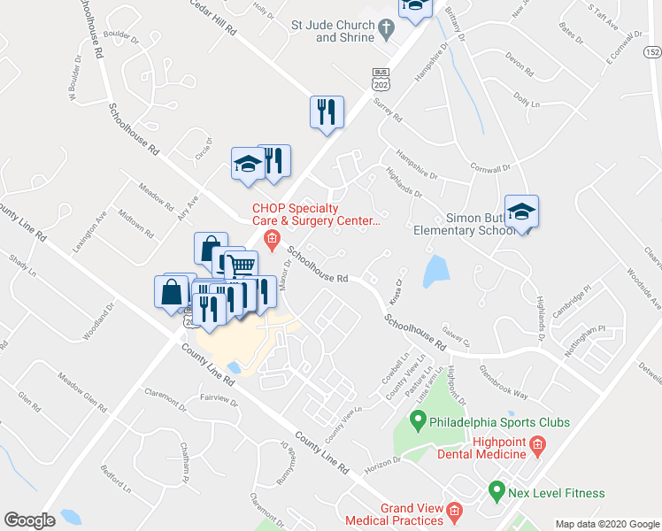 map of restaurants, bars, coffee shops, grocery stores, and more near 42 Citadel Circle in Chalfont