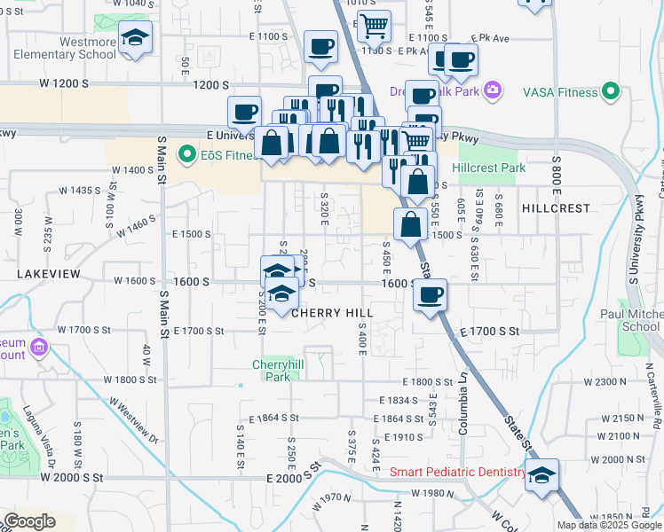 map of restaurants, bars, coffee shops, grocery stores, and more near 334 East 1550 South Street in Orem