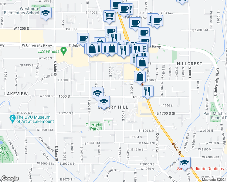 map of restaurants, bars, coffee shops, grocery stores, and more near 336 East 1550 South Street in Orem