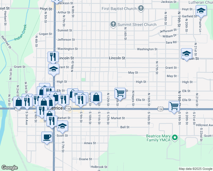 map of restaurants, bars, coffee shops, grocery stores, and more near 1110 High Street in Beatrice
