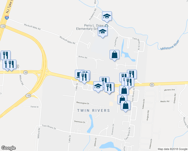 map of restaurants, bars, coffee shops, grocery stores, and more near H9 Avon Drive in Hightstown