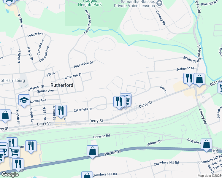 map of restaurants, bars, coffee shops, grocery stores, and more near 251 Kristy Lane in Harrisburg