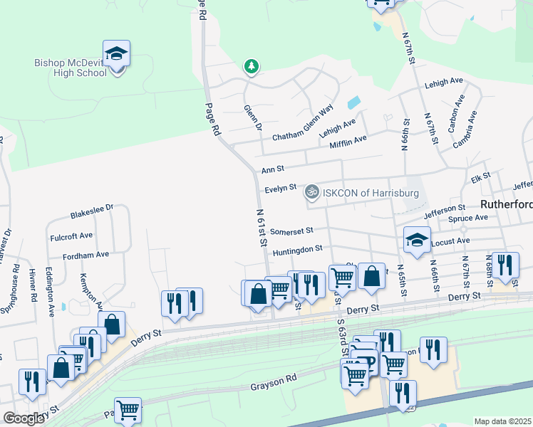 map of restaurants, bars, coffee shops, grocery stores, and more near 371 North 61st Street in Harrisburg
