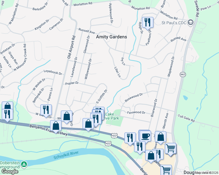 map of restaurants, bars, coffee shops, grocery stores, and more near 321 Griffith Drive in Douglassville