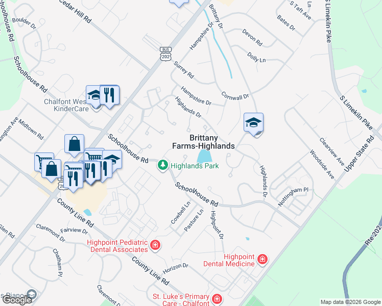 map of restaurants, bars, coffee shops, grocery stores, and more near 137 Tartan Terrace in Chalfont