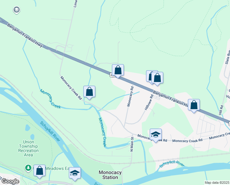 map of restaurants, bars, coffee shops, grocery stores, and more near 396 Benjamin Franklin Highway in Birdsboro