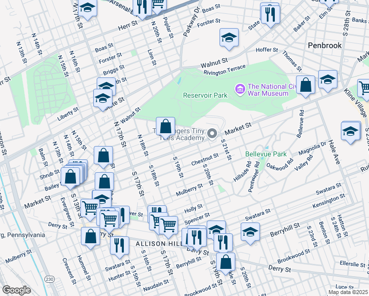 map of restaurants, bars, coffee shops, grocery stores, and more near 1922 Market Street in Harrisburg