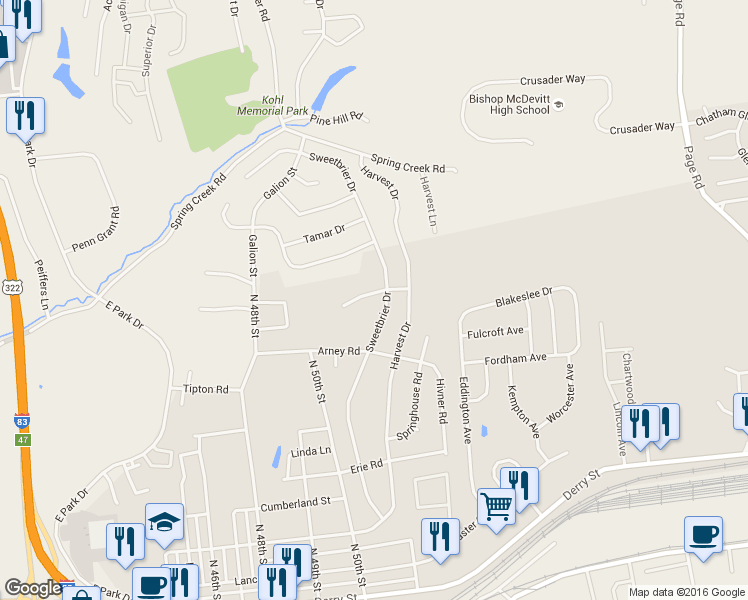 map of restaurants, bars, coffee shops, grocery stores, and more near 5137 Clover Court in Harrisburg
