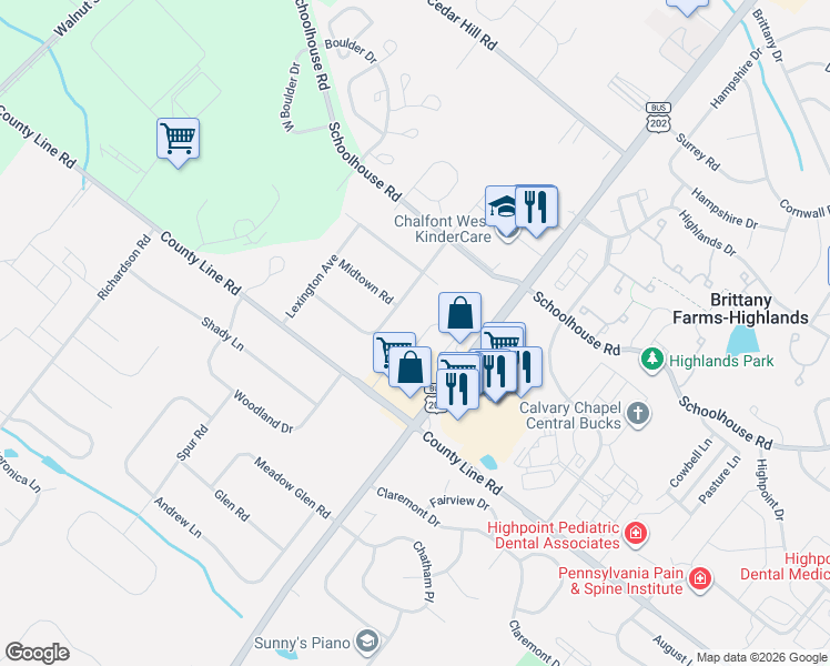 map of restaurants, bars, coffee shops, grocery stores, and more near 516 Airy Avenue in Chalfont