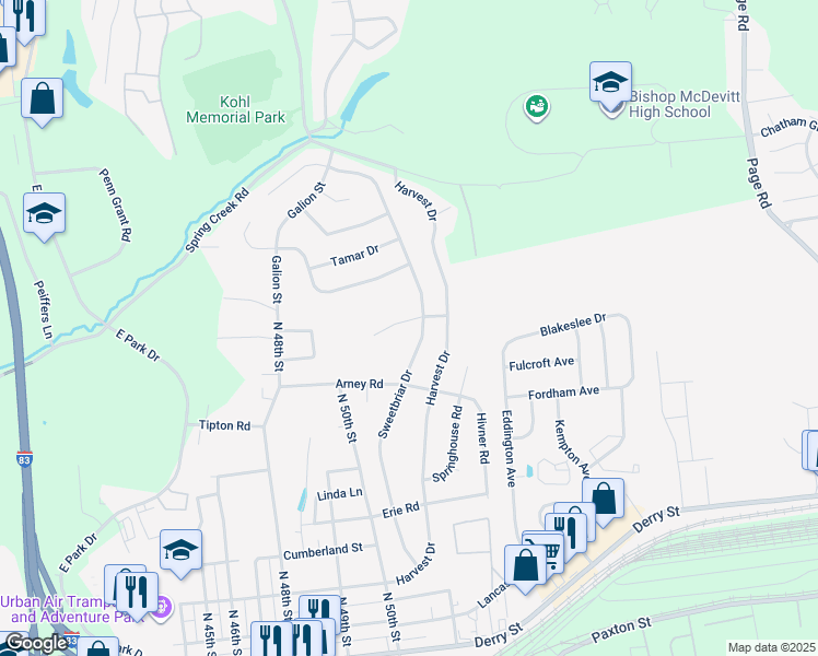 map of restaurants, bars, coffee shops, grocery stores, and more near 5137 Clover Court in Harrisburg