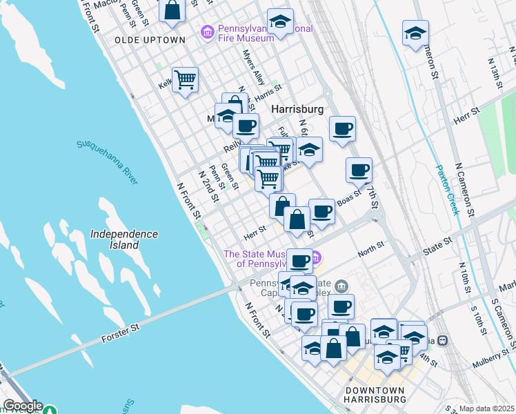 map of restaurants, bars, coffee shops, grocery stores, and more near 262 Cumberland Street in Harrisburg
