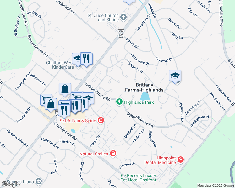 map of restaurants, bars, coffee shops, grocery stores, and more near 110 Tartan Terrace in Chalfont