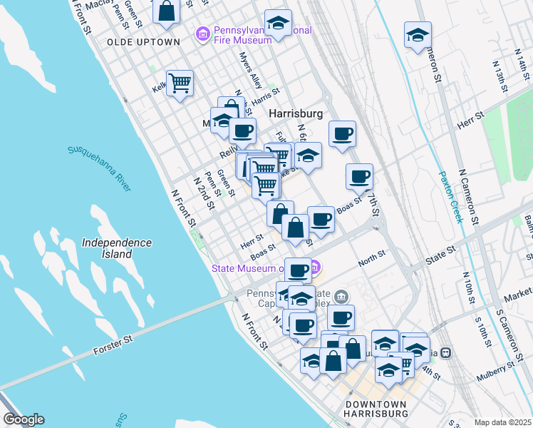 map of restaurants, bars, coffee shops, grocery stores, and more near 275 Cumberland Street in Harrisburg