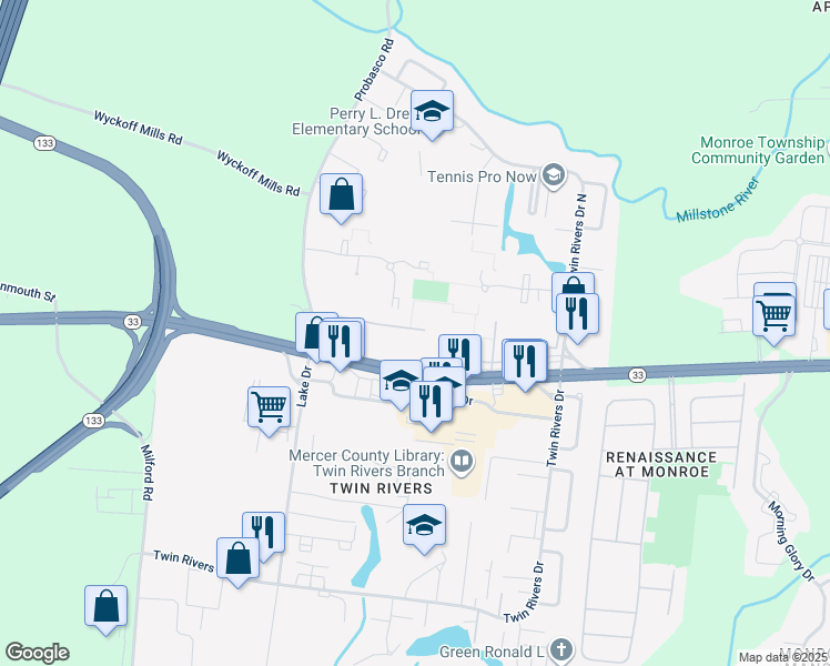 map of restaurants, bars, coffee shops, grocery stores, and more near 10 Avon Drive East in East Windsor