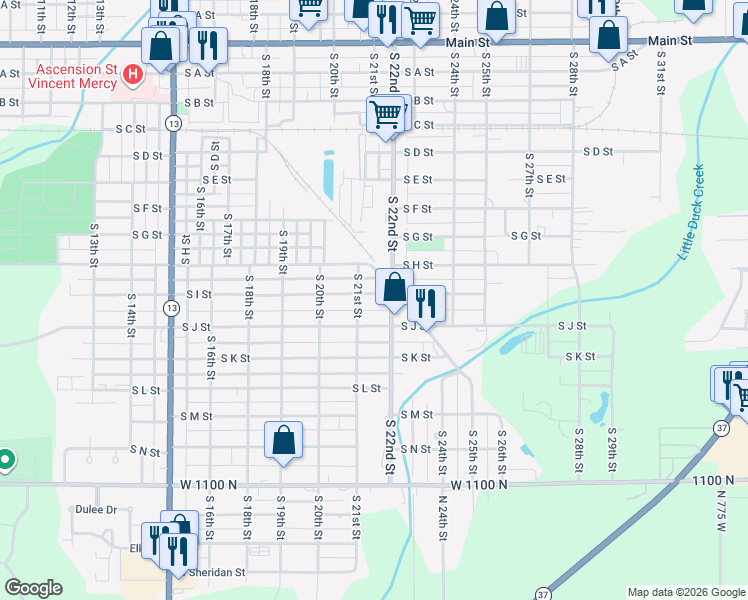 map of restaurants, bars, coffee shops, grocery stores, and more near 2122 South I Street in Elwood