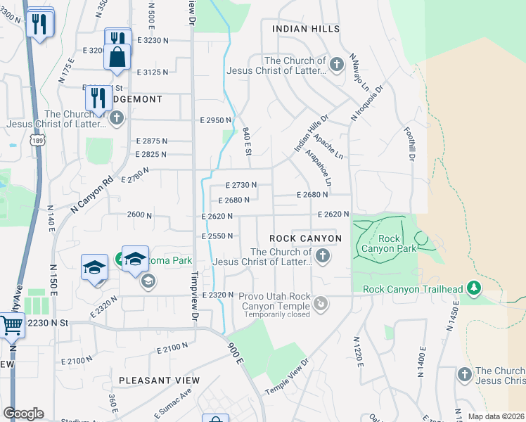 map of restaurants, bars, coffee shops, grocery stores, and more near 895 East 2620 North in Provo