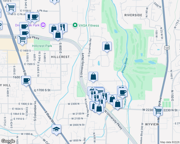 map of restaurants, bars, coffee shops, grocery stores, and more near 1545 Carterville Road in Orem