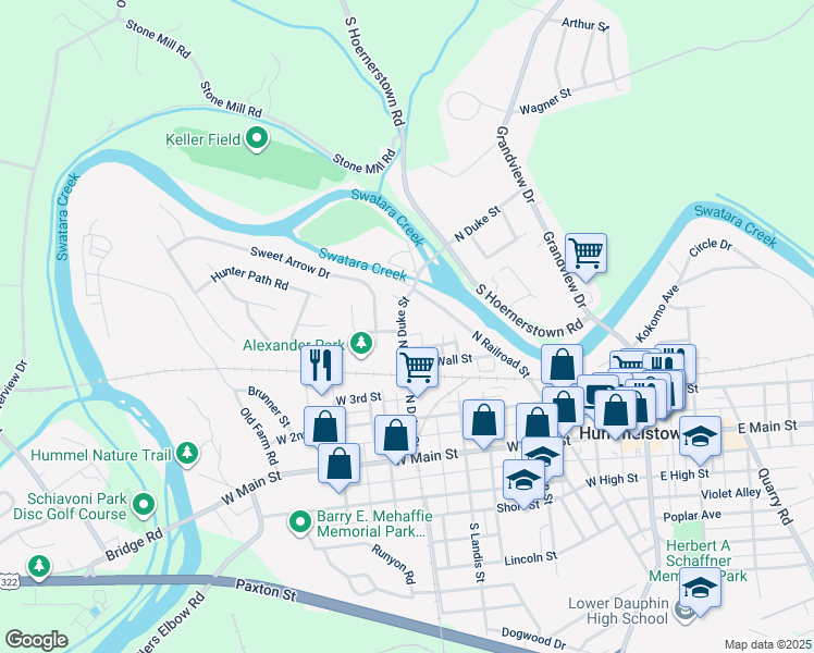 map of restaurants, bars, coffee shops, grocery stores, and more near 235 North Duke Street in Hummelstown