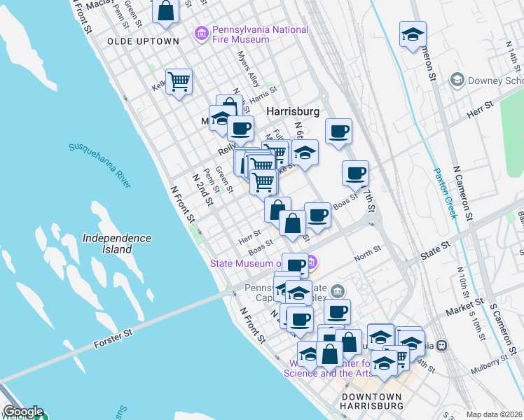 map of restaurants, bars, coffee shops, grocery stores, and more near 1231 North 3rd Street in Harrisburg