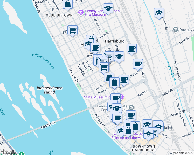 map of restaurants, bars, coffee shops, grocery stores, and more near 251 Verbeke Street in Harrisburg