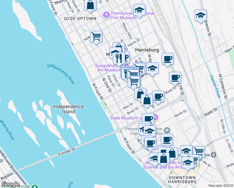 map of restaurants, bars, coffee shops, grocery stores, and more near in Harrisburg