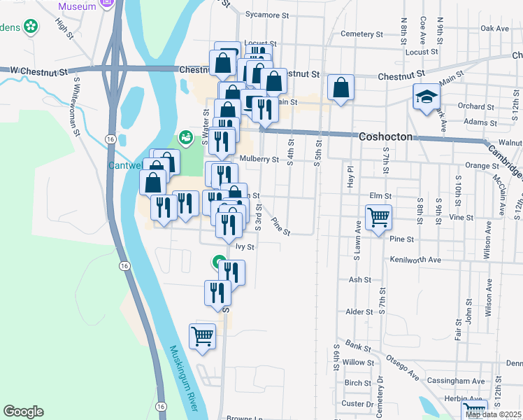 map of restaurants, bars, coffee shops, grocery stores, and more near 404 South 3rd Street in Coshocton