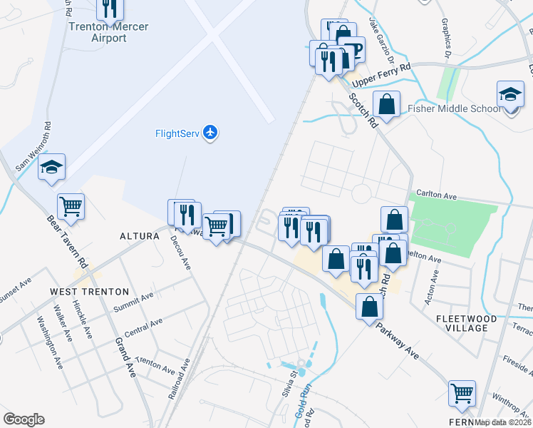 map of restaurants, bars, coffee shops, grocery stores, and more near Birmingham Court in Ewing Township