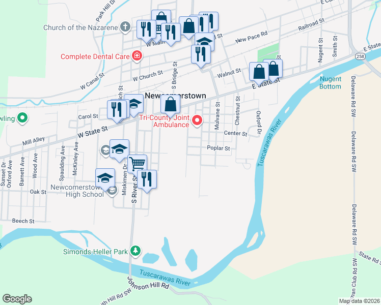 map of restaurants, bars, coffee shops, grocery stores, and more near 541 Martin Luther King Drive in Newcomerstown