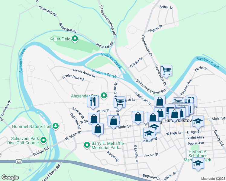 map of restaurants, bars, coffee shops, grocery stores, and more near 218 North Duke Street in Hummelstown