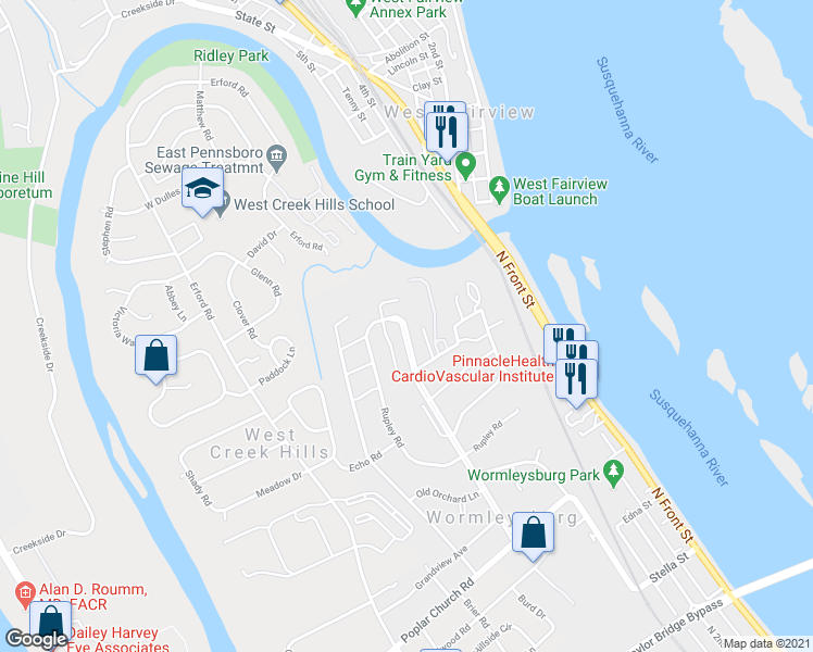 map of restaurants, bars, coffee shops, grocery stores, and more near 1101 Yverdon Drive in Camp Hill