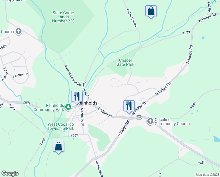 map of restaurants, bars, coffee shops, grocery stores, and more near 85 Redstone Circle in Reinholds
