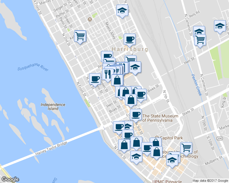 map of restaurants, bars, coffee shops, grocery stores, and more near 270 Cumberland Street in Harrisburg