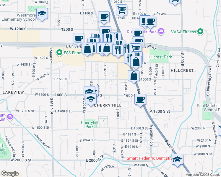 map of restaurants, bars, coffee shops, grocery stores, and more near 364 East 1550 South Street in Orem