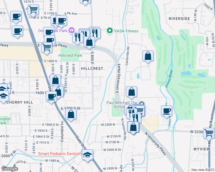 map of restaurants, bars, coffee shops, grocery stores, and more near 2623 North 850 West in Provo