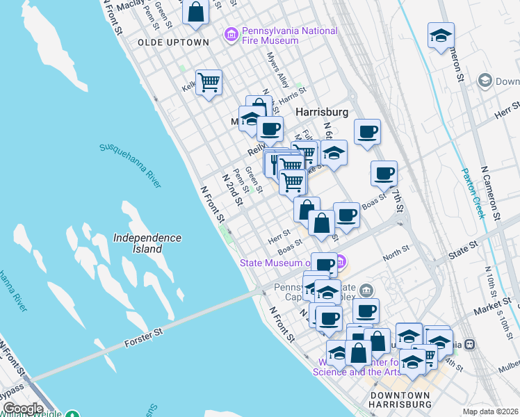 map of restaurants, bars, coffee shops, grocery stores, and more near 251 Verbeke Street in Harrisburg