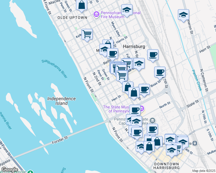 map of restaurants, bars, coffee shops, grocery stores, and more near 219 Verbeke Street in Harrisburg