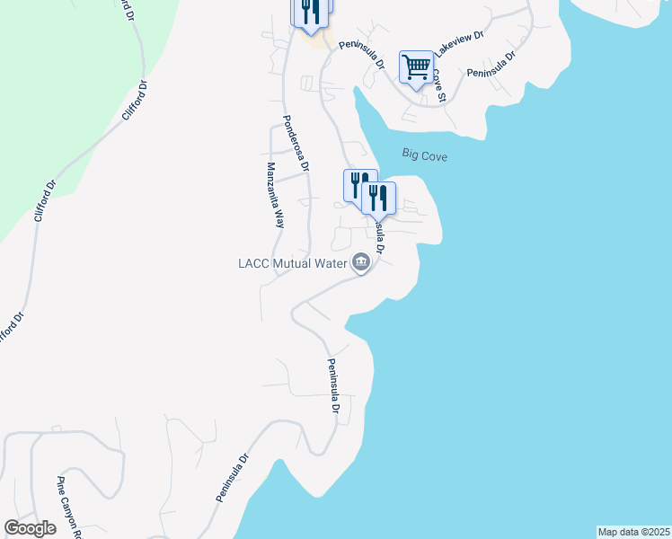 map of restaurants, bars, coffee shops, grocery stores, and more near 523 Peninsula Drive in Westwood