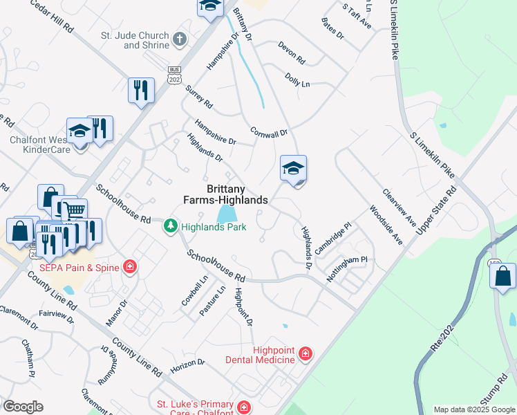 map of restaurants, bars, coffee shops, grocery stores, and more near 254 Inverness Circle in Chalfont