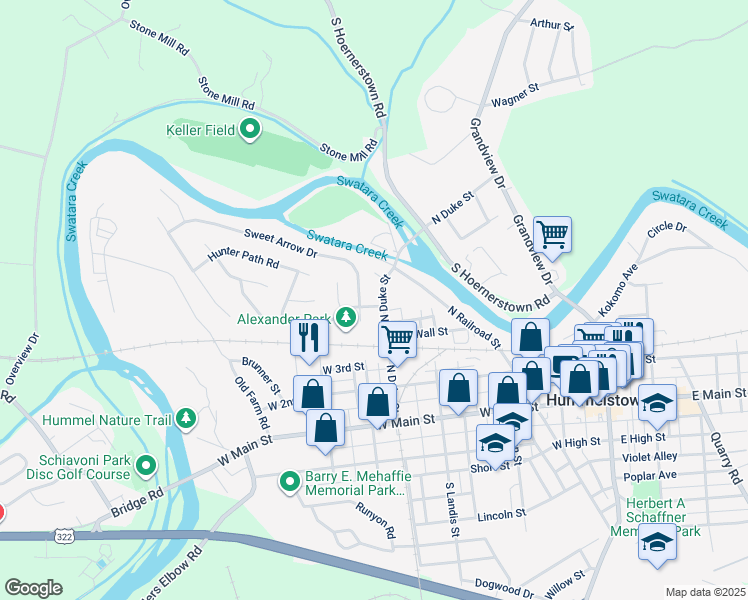 map of restaurants, bars, coffee shops, grocery stores, and more near 218 North Duke Street in Hummelstown