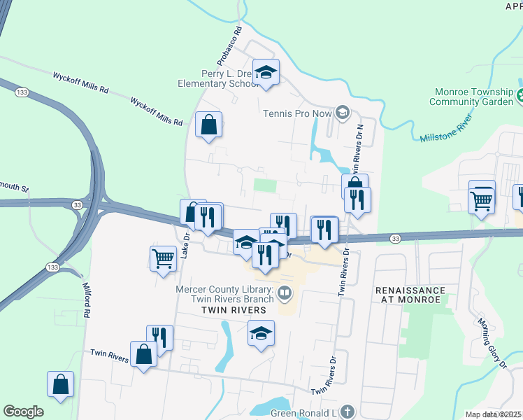 map of restaurants, bars, coffee shops, grocery stores, and more near Avon Drive in East Windsor