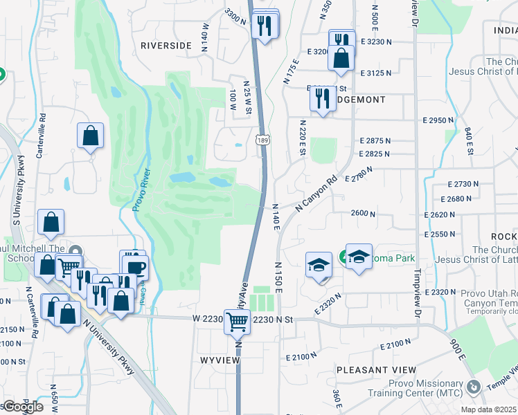 map of restaurants, bars, coffee shops, grocery stores, and more near Provo River Parkway in Provo