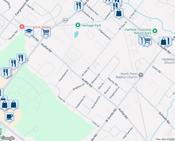 map of restaurants, bars, coffee shops, grocery stores, and more near 493 West Vine Street in Hatfield