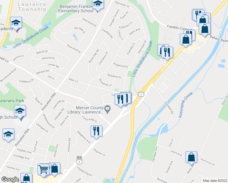 map of restaurants, bars, coffee shops, grocery stores, and more near 1221 Colts Circle in Lawrence Township