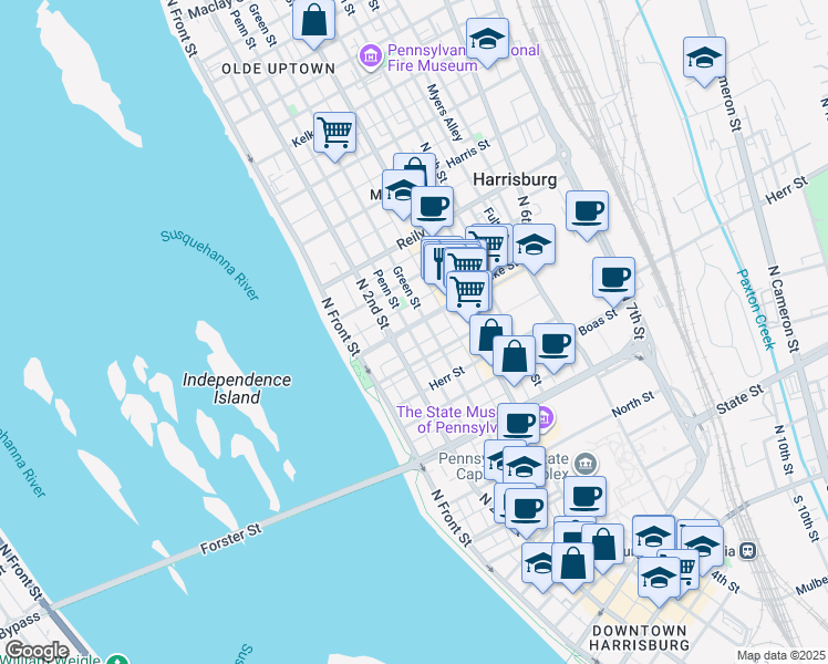 map of restaurants, bars, coffee shops, grocery stores, and more near 219 Verbeke Street in Harrisburg