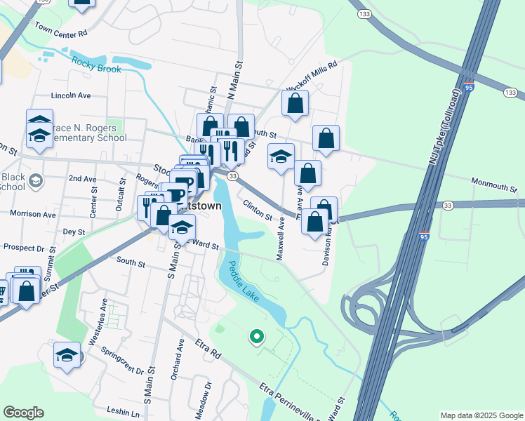 map of restaurants, bars, coffee shops, grocery stores, and more near 119 Clinton Street in Hightstown